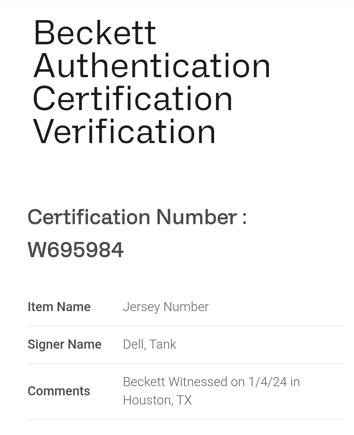 Tank Dell Houston Texans Signed NFL Jersey Beckett COA