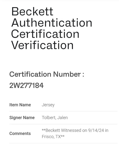 Jalen Tolbert Dallas Cowboys Signed NFL Jersey Beckett COA