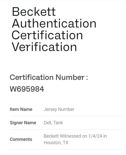 Tank Dell Houston Texans Signed NFL Jersey Beckett COA