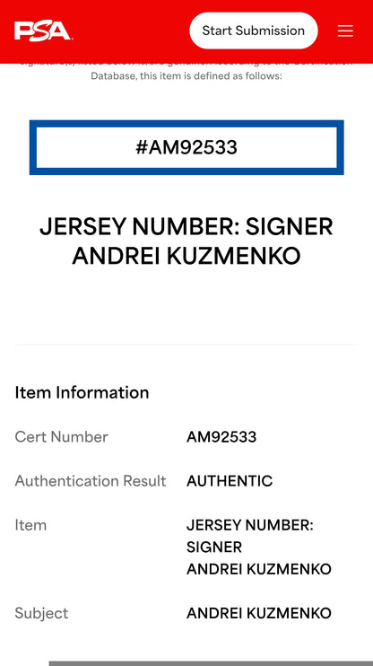 Andrei Kuzmenko Vancouver Canucks Signed NHL Jersey PSA DNA